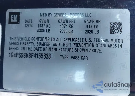 2015 Buick Verano Leather Group z USA, uszkodzony, nr VIN 1G4PS5SK8F4155638